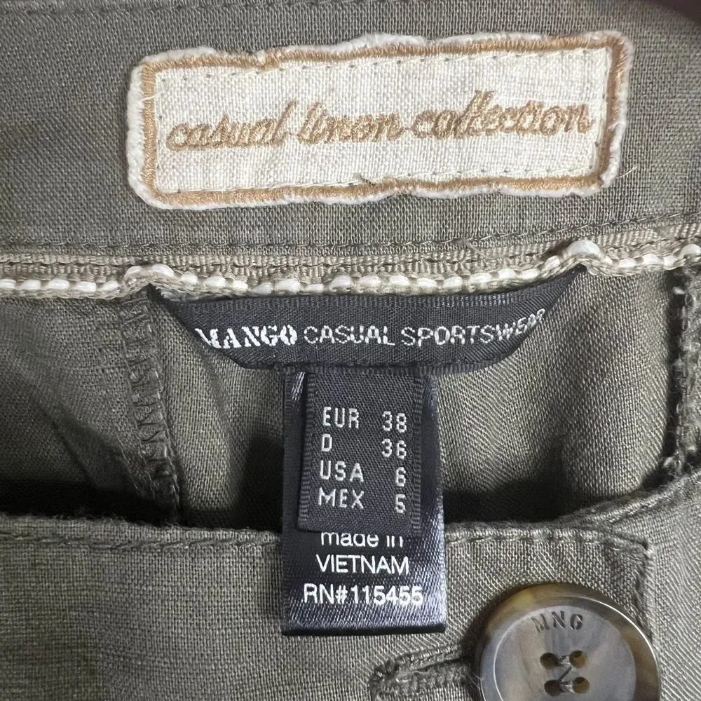 Mango MNG Casual Sportswear Cotton Linen Collection Olive Green‎ Pant Size 6